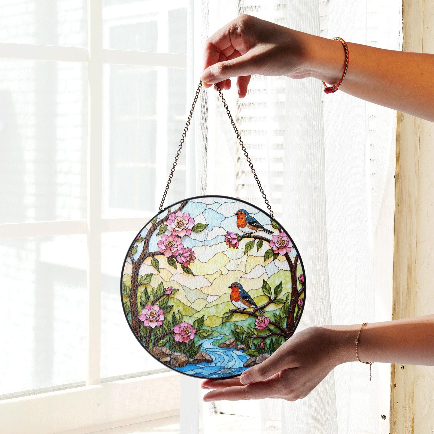 robins on spring branches round stained glass suncatcher gift for bird lover mom