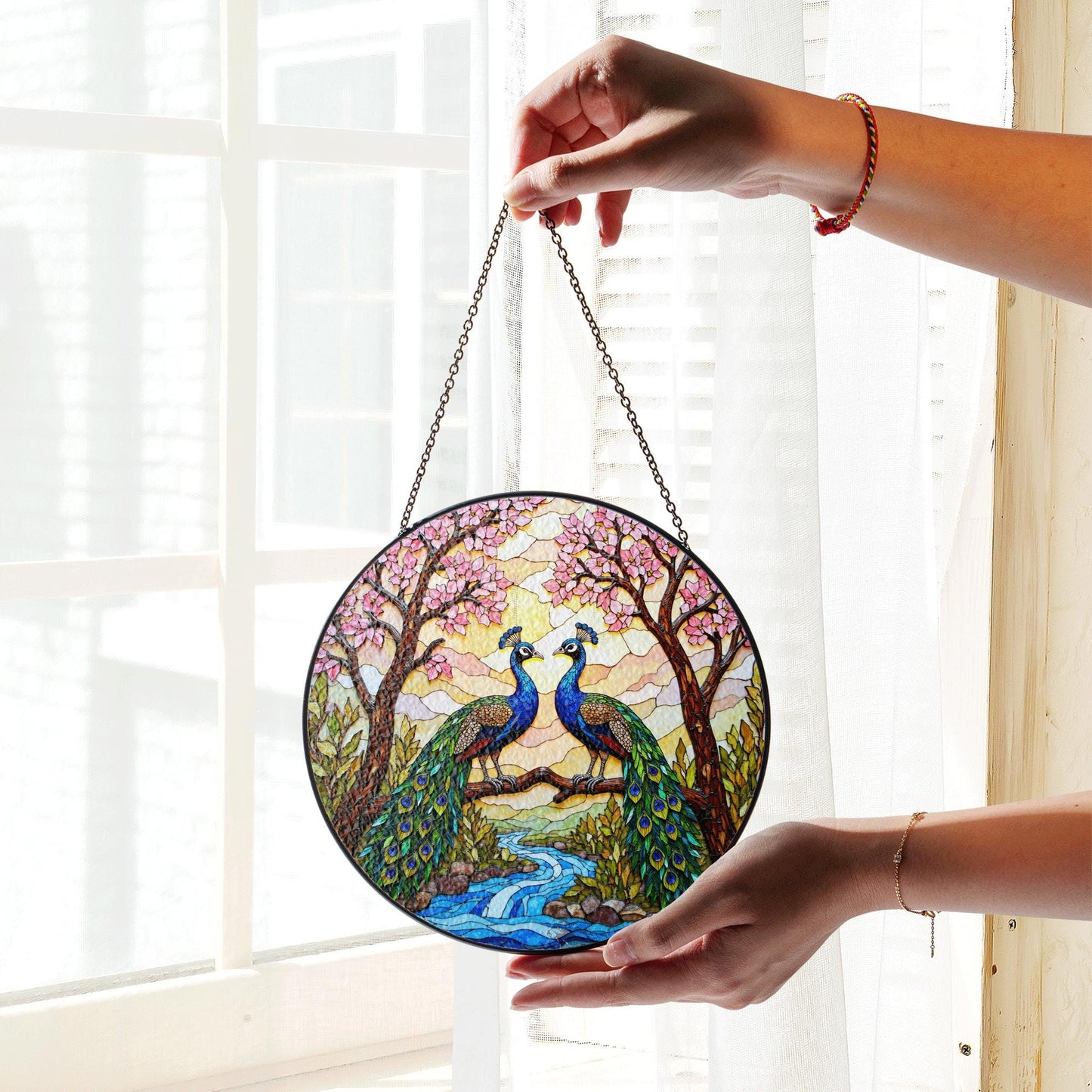 two peacocks on branch stained glass window hanging peacock suncatcher gift for bird lover