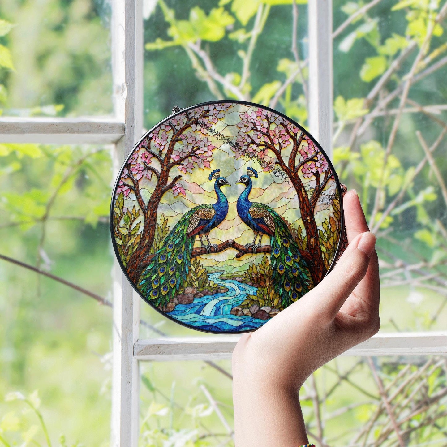 two peacocks on branch stained glass window hanging peacock suncatcher gift for bird lover