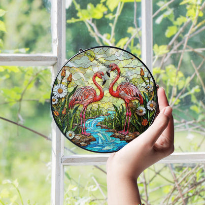 Two flamingos with tropical flowers stained glass suncatcher gift for bird lover