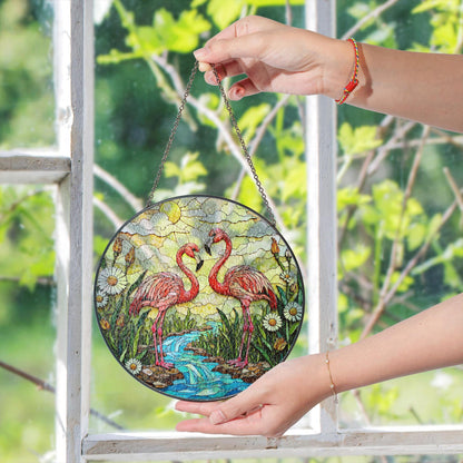 Two flamingos with tropical flowers stained glass suncatcher gift for bird lover