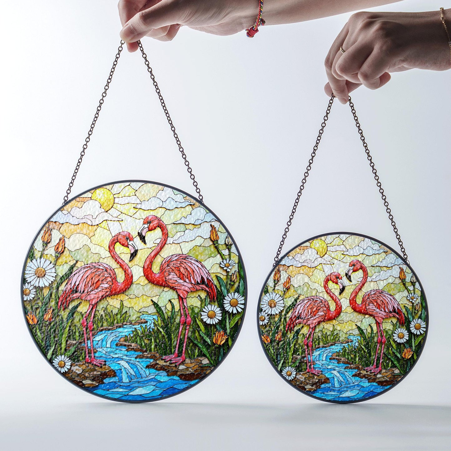 Two flamingos with tropical flowers stained glass suncatcher gift for bird lover