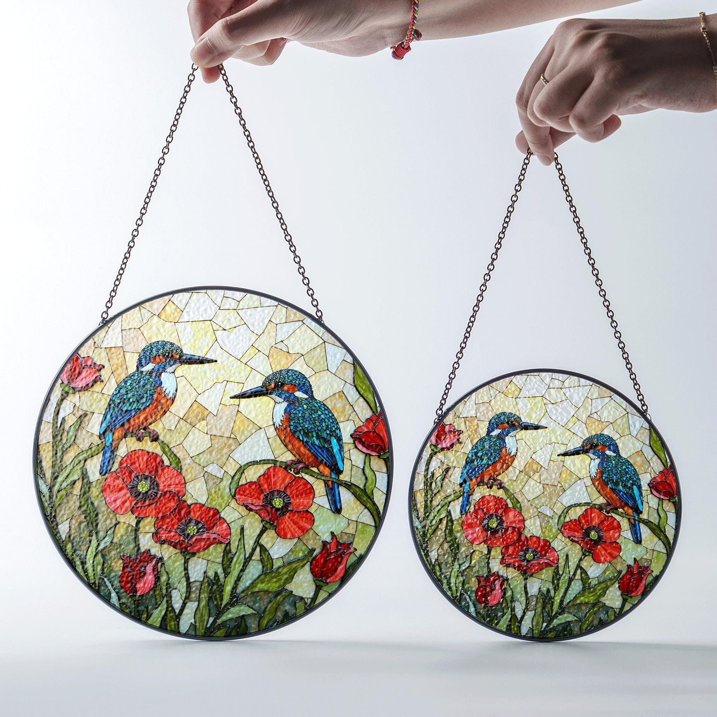 Kingfishers and poppies stained glass suncatcher window decor gift for bird lovers