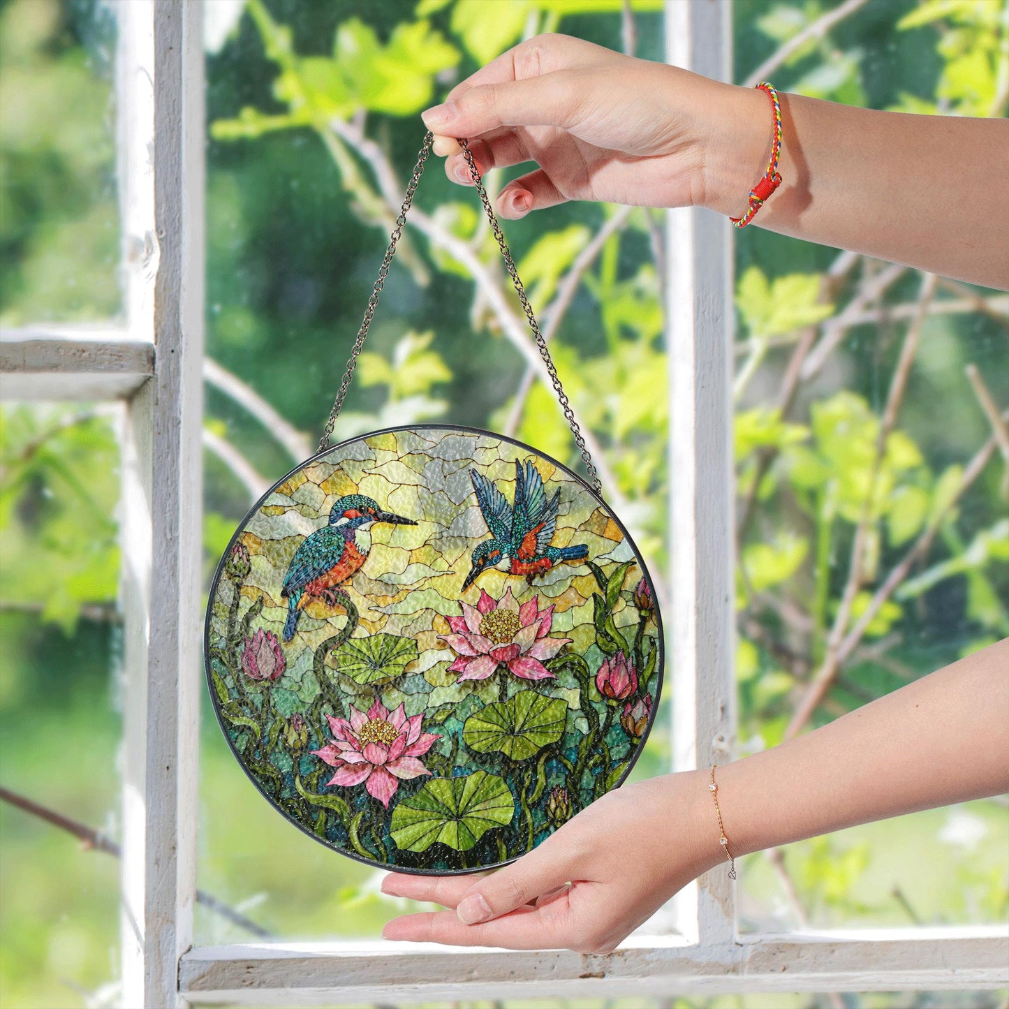 kingfishers and lotus floral stained glass suncatcher gift for bird lovers