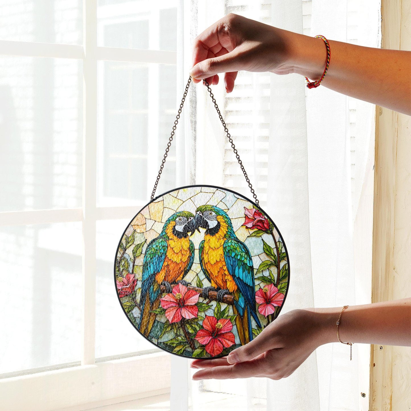 Two parrots on branch stained glass suncatcher window decor gift for bird lovers