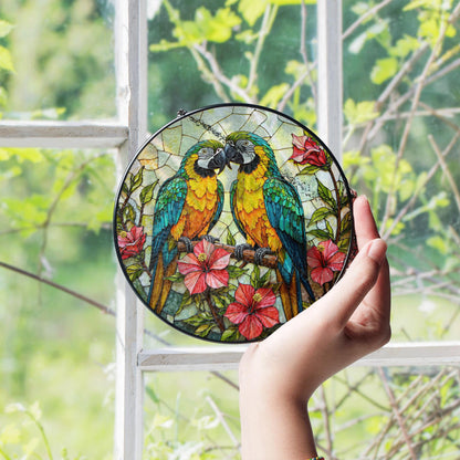 Two parrots on branch stained glass suncatcher window decor gift for bird lovers