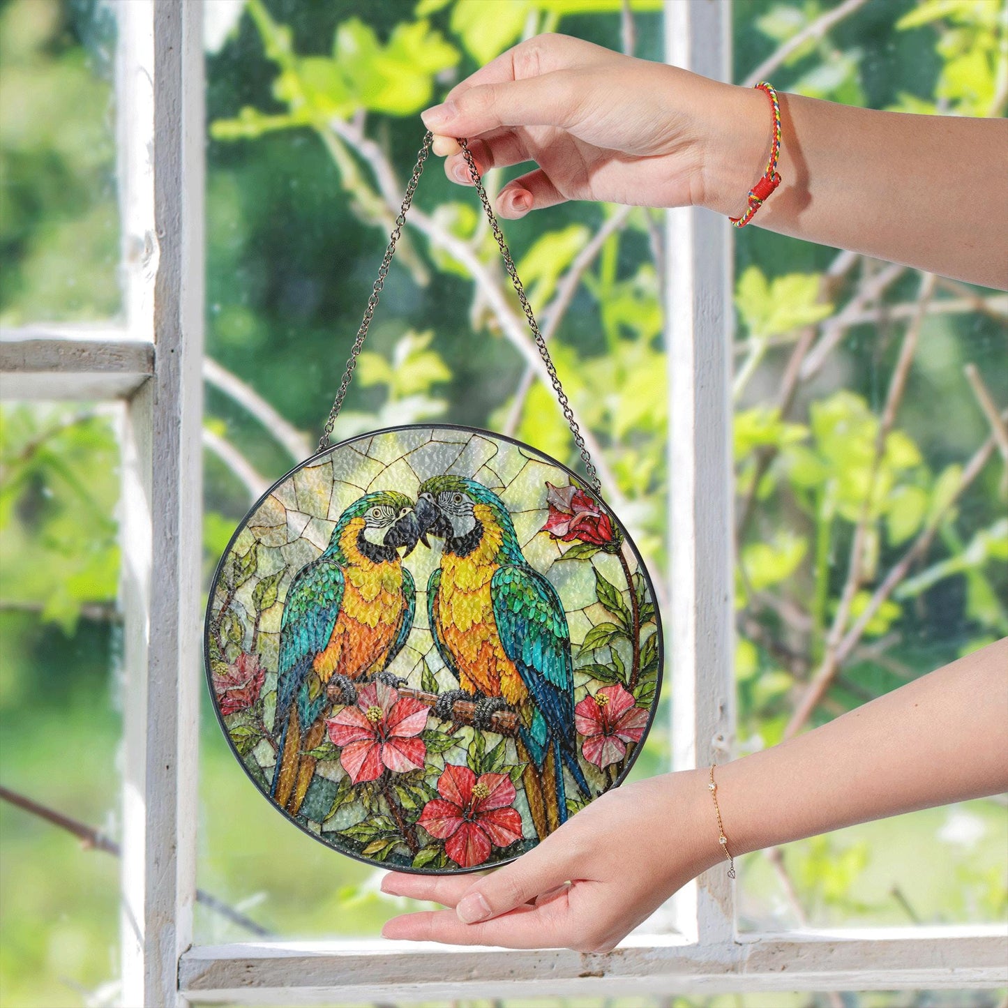 Two parrots on branch stained glass suncatcher window decor gift for bird lovers