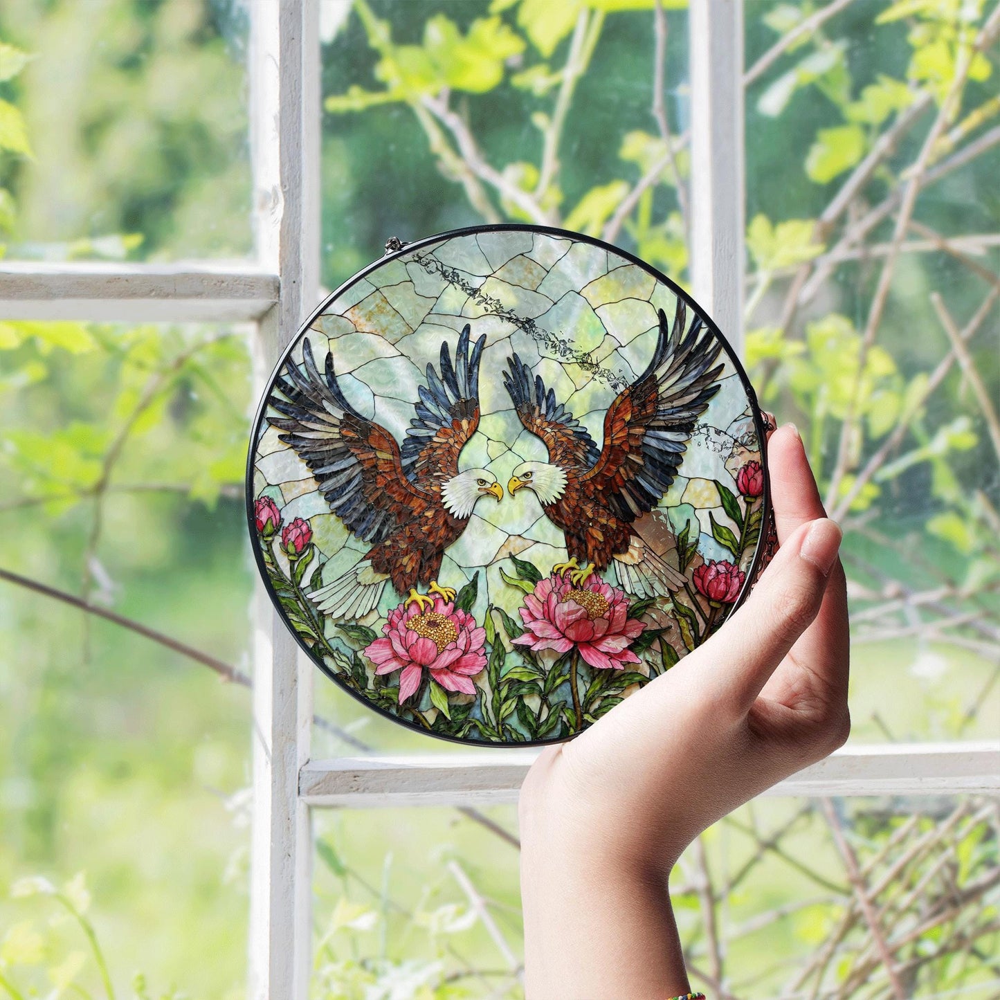 two bald eagles with peonies stained glass window hanging suncatcher gift for dad