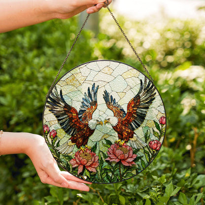 two bald eagles with peonies stained glass window hanging suncatcher gift for dad
