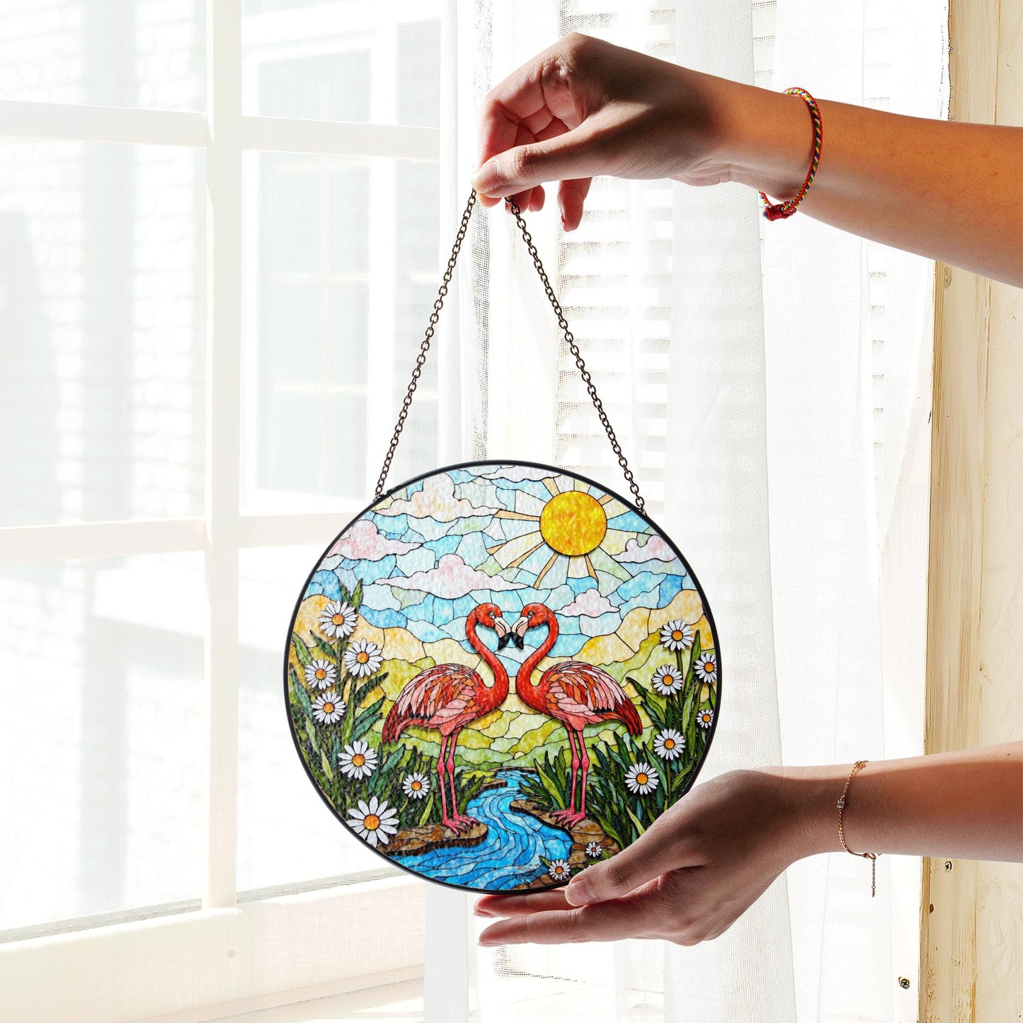 Two flamingos in love romantic stained glass suncatcher gift for nature lover friend