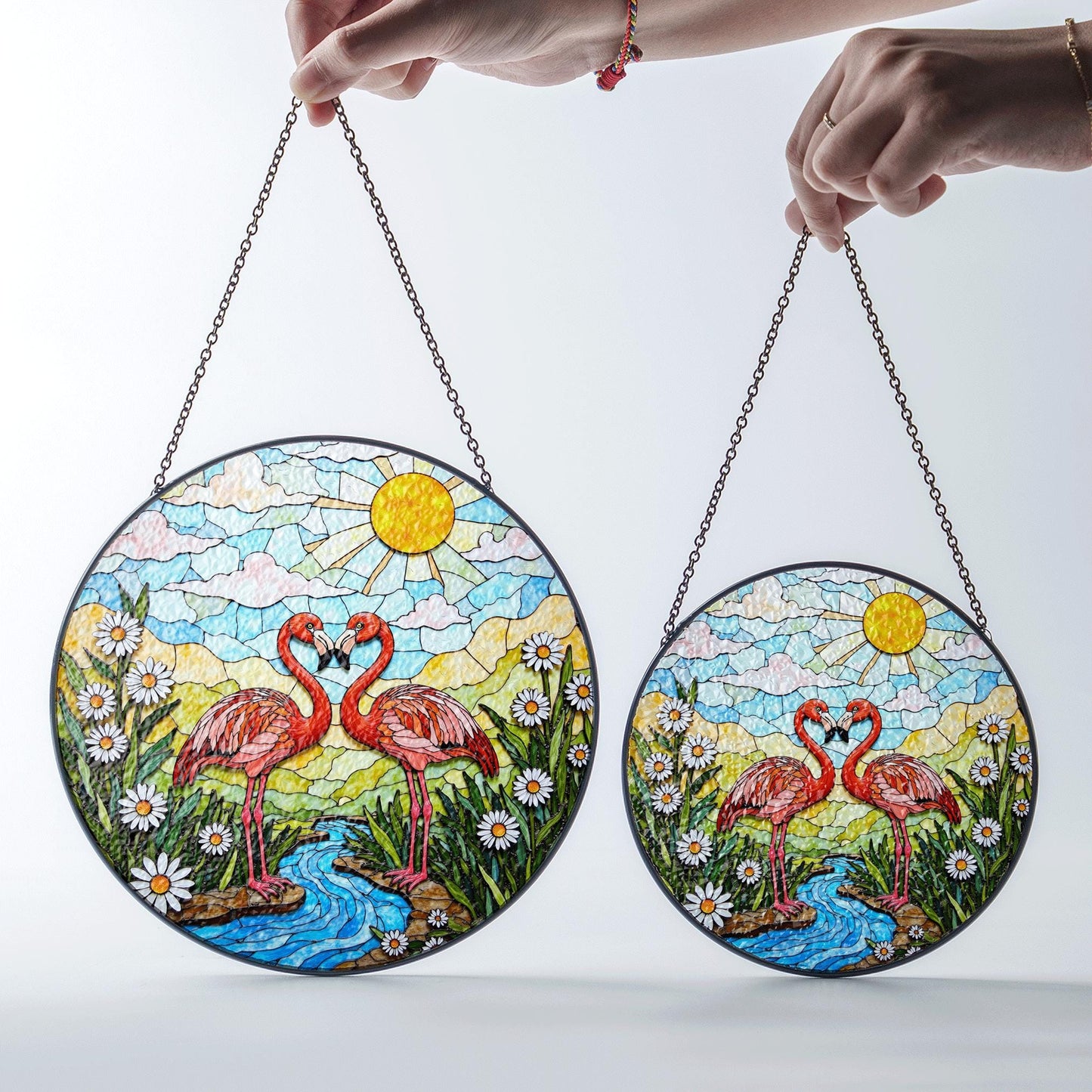 Two flamingos in love romantic stained glass suncatcher gift for nature lover friend