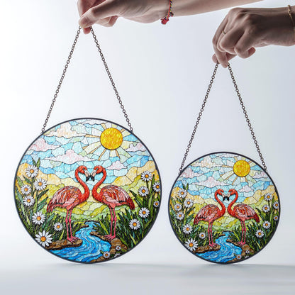 Two flamingos in love romantic stained glass suncatcher gift for nature lover friend
