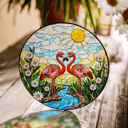 Two flamingos in love romantic stained glass suncatcher gift for nature lover friend