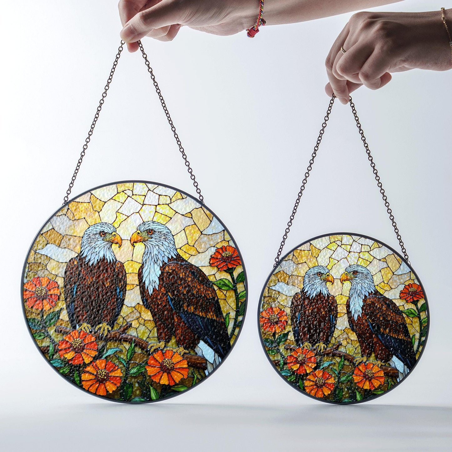 Two bald eagles and zinnias stained glass style eagle suncatcher gift for nature dad