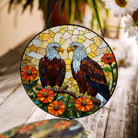 Two bald eagles and zinnias stained glass style eagle suncatcher gift for nature dad