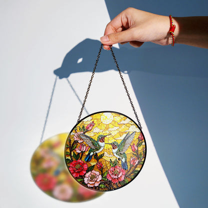 two hummingbirds flying in flowers stained glass suncatcher gift for bird lovers