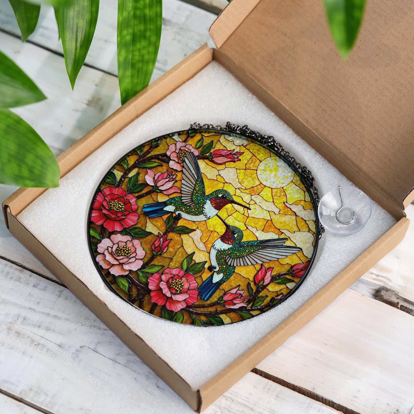 two hummingbirds flying in flowers stained glass suncatcher gift for bird lovers