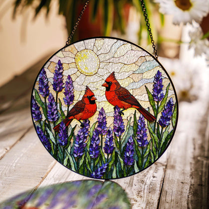 two cardinals with lavender garden round stained glass suncatcher birthday gift for bird lovers