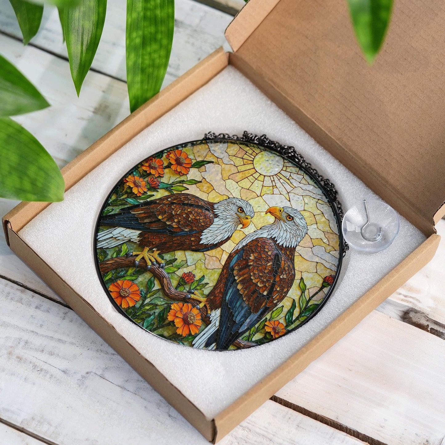 bald eagles perched among orange flowers round stained glass suncatcher gift for dad