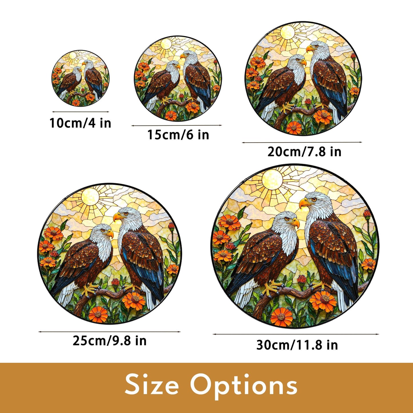 bald eagles perched among orange flowers round stained glass suncatcher gift for dad