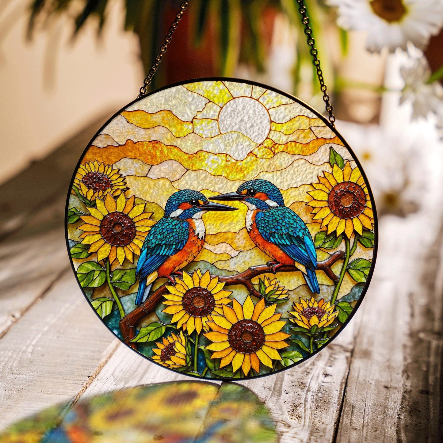 Two kingfishers on sunflower branch stained glass suncatcher bird window decor gift