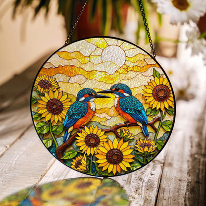 Two kingfishers on sunflower branch stained glass suncatcher bird window decor gift