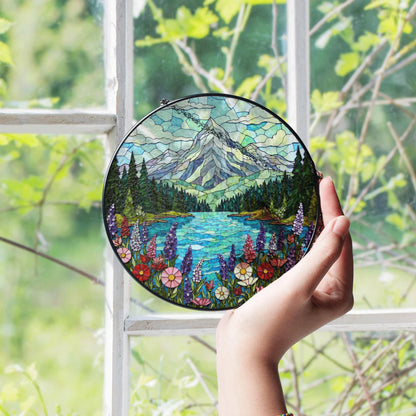 Mountain Lake View Suncatcher Stained Glass Style Window Decor Gift for Nature Lovers