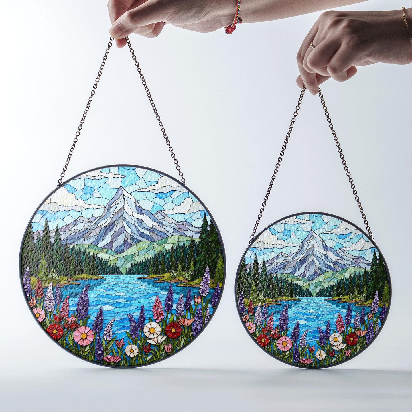 Mountain Lake View Suncatcher Stained Glass Style Window Decor Gift for Nature Lovers