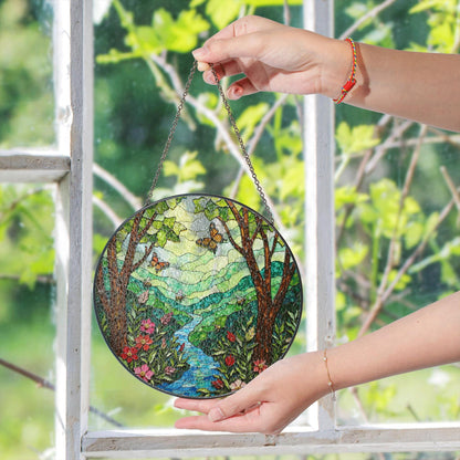 Butterfly Forest River View Nature Suncatcher Glass Window Art Gift for Nature Lovers