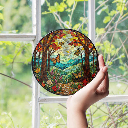 monarch butterfly forest path suncatcher vibrant stained glass decor for nature lover gift