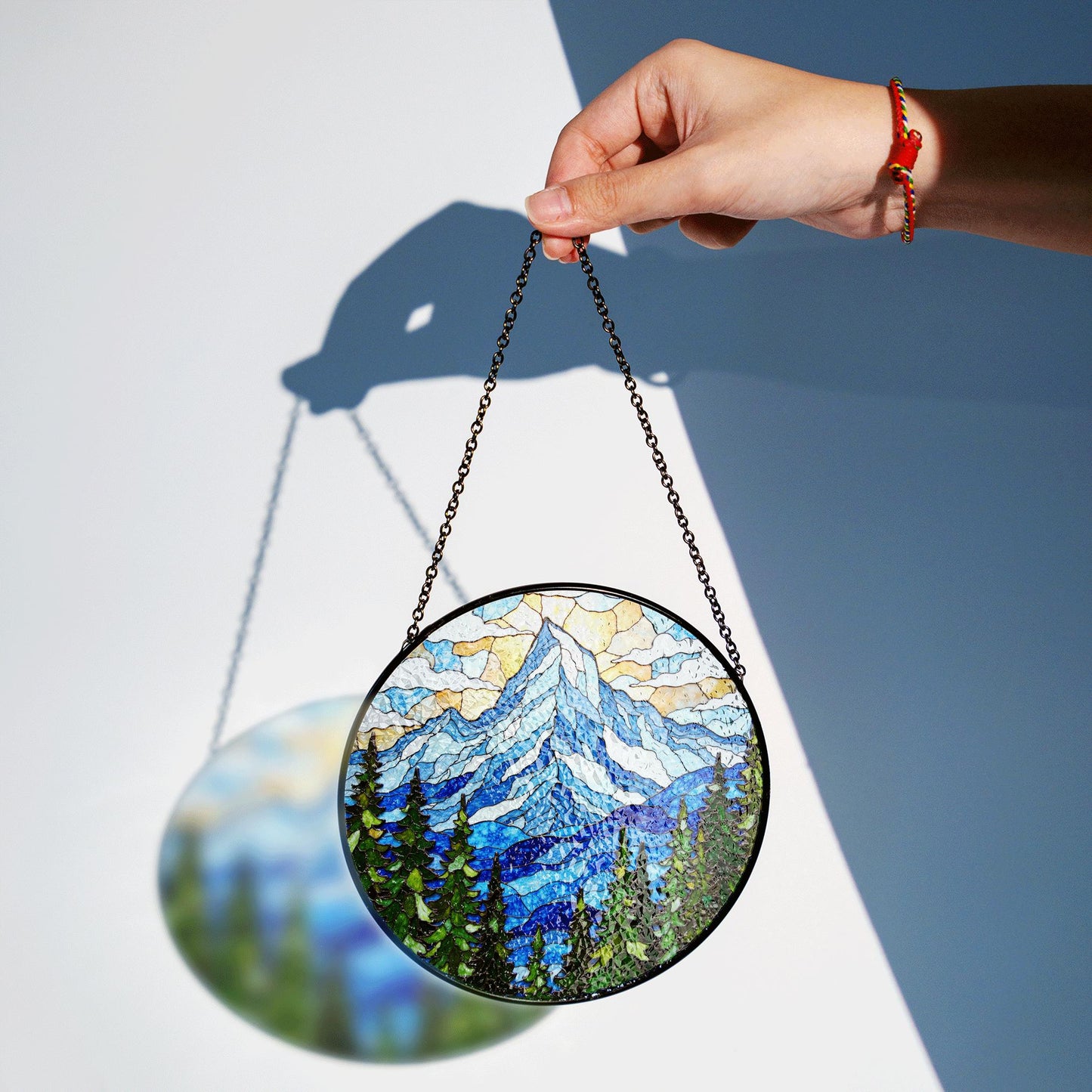 Mountain Pine Forest Scene Stained Glass Suncatcher Gift for Nature Lover