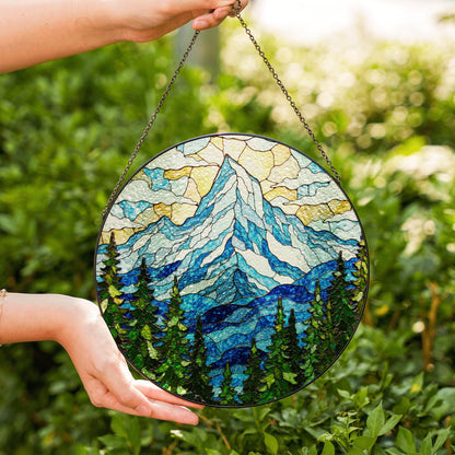 Mountain Pine Forest Scene Stained Glass Suncatcher Gift for Nature Lover