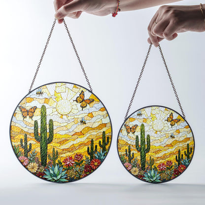 desert cactus butterfly scene stained glass suncatcher handmade sun catcher gift for mom
