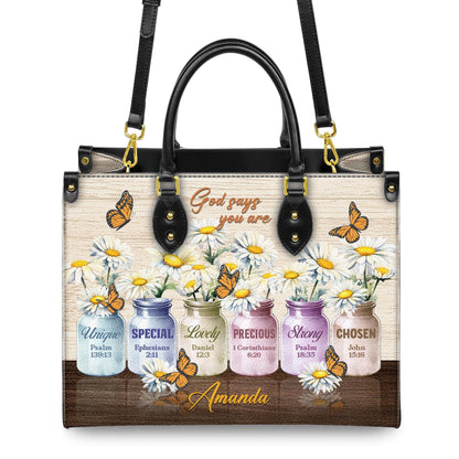 Personalized Leather Handbag Custom Name, Christian Gift, Gifts for Women, God Says You Are Bag, Colored Jars & Butterfly Design
