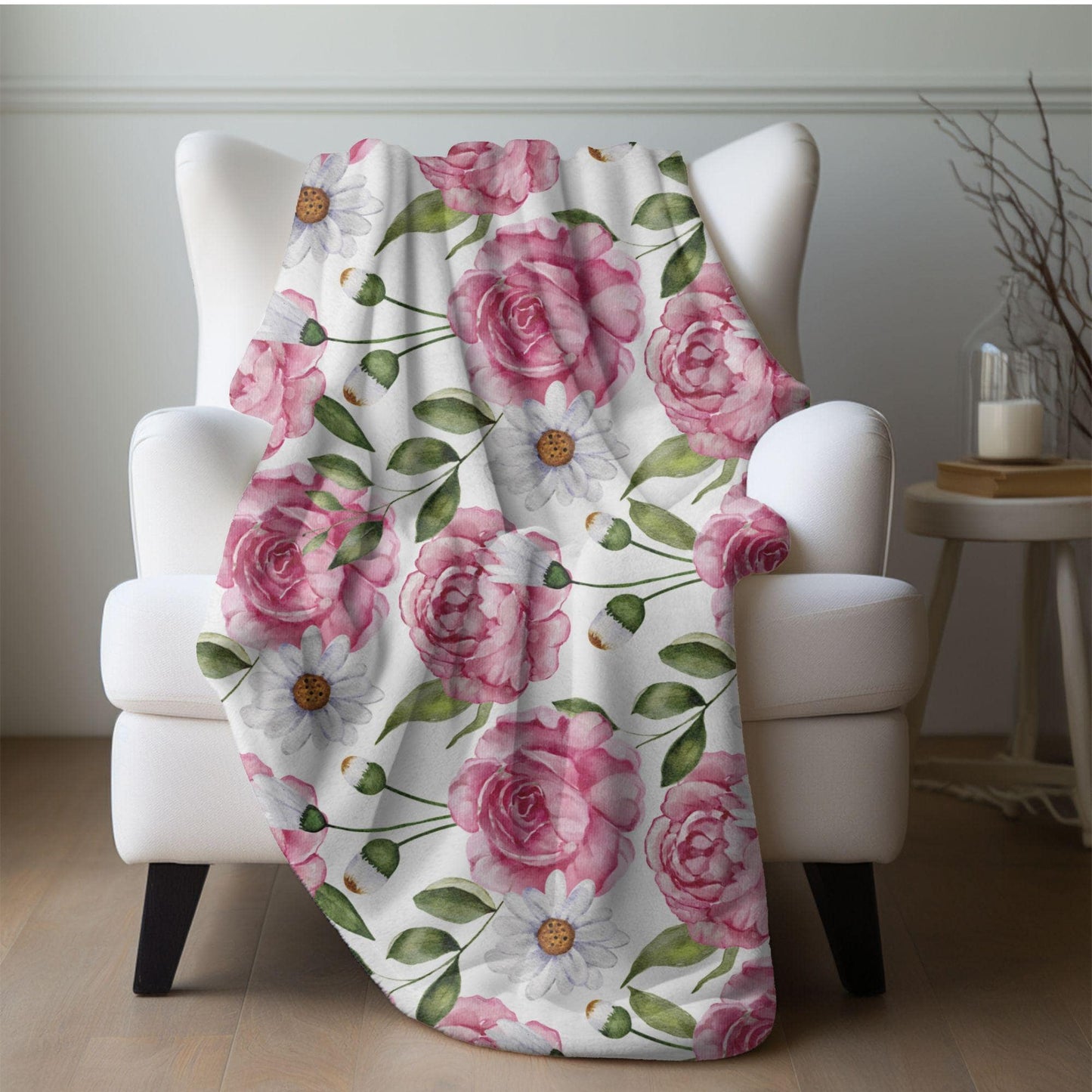Floral Throw Blanket Pink Rose Blanket, Botanical Throw Blanket Gift for Flower Lovers, Gift for Gardener, Pink Flower Fleece Decor