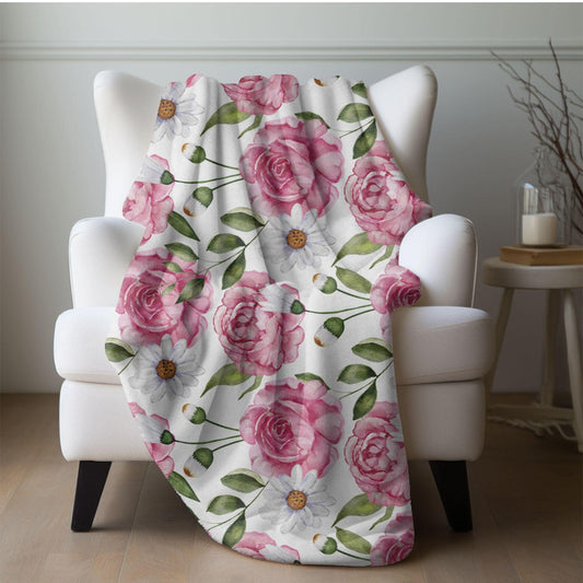 Floral Throw Blanket Pink Rose Blanket, Botanical Throw Blanket Gift for Flower Lovers, Gift for Gardener, Pink Flower Fleece Decor