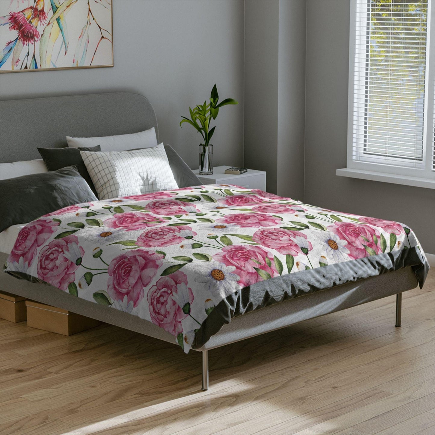 Floral Throw Blanket Pink Rose Blanket, Botanical Throw Blanket Gift for Flower Lovers, Gift for Gardener, Pink Flower Fleece Decor