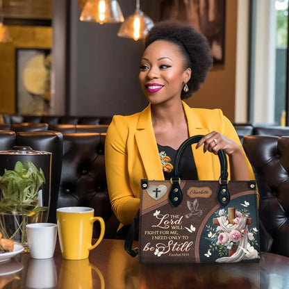 Personalized Christian Tote Bag, Custom Name Scripture Handbag, Exodus 14:14 Faux Leather Satchel, Religious Gift for Mom, Faith Bag