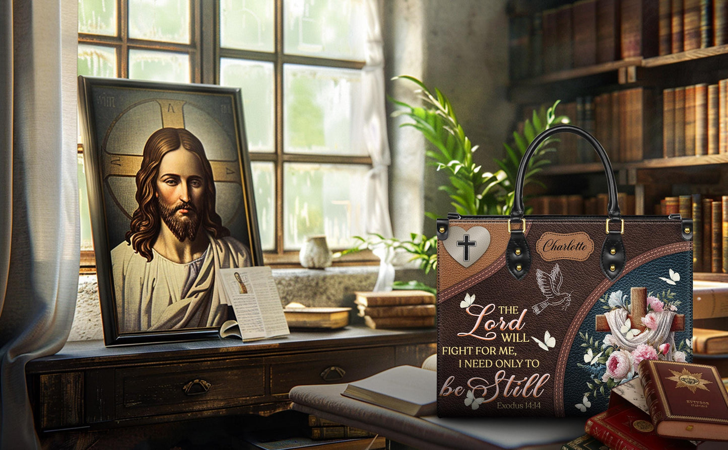 Personalized Christian Tote Bag, Custom Name Scripture Handbag, Exodus 14:14 Faux Leather Satchel, Religious Gift for Mom, Faith Bag