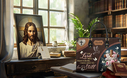 Personalized Christian Tote Bag, Custom Name Scripture Handbag, Exodus 14:14 Faux Leather Satchel, Religious Gift for Mom, Faith Bag