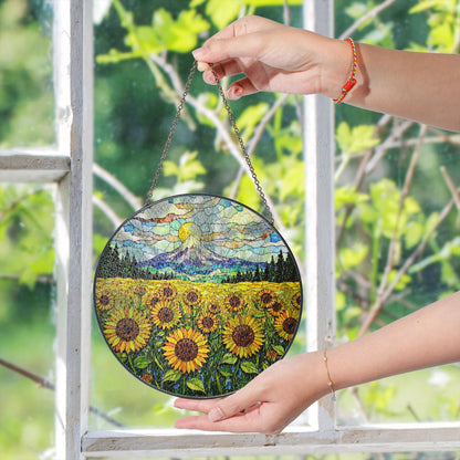 Sunflower Field Mountain Landscape Suncatcher Handmade Glass Window Decor Gift for Mom