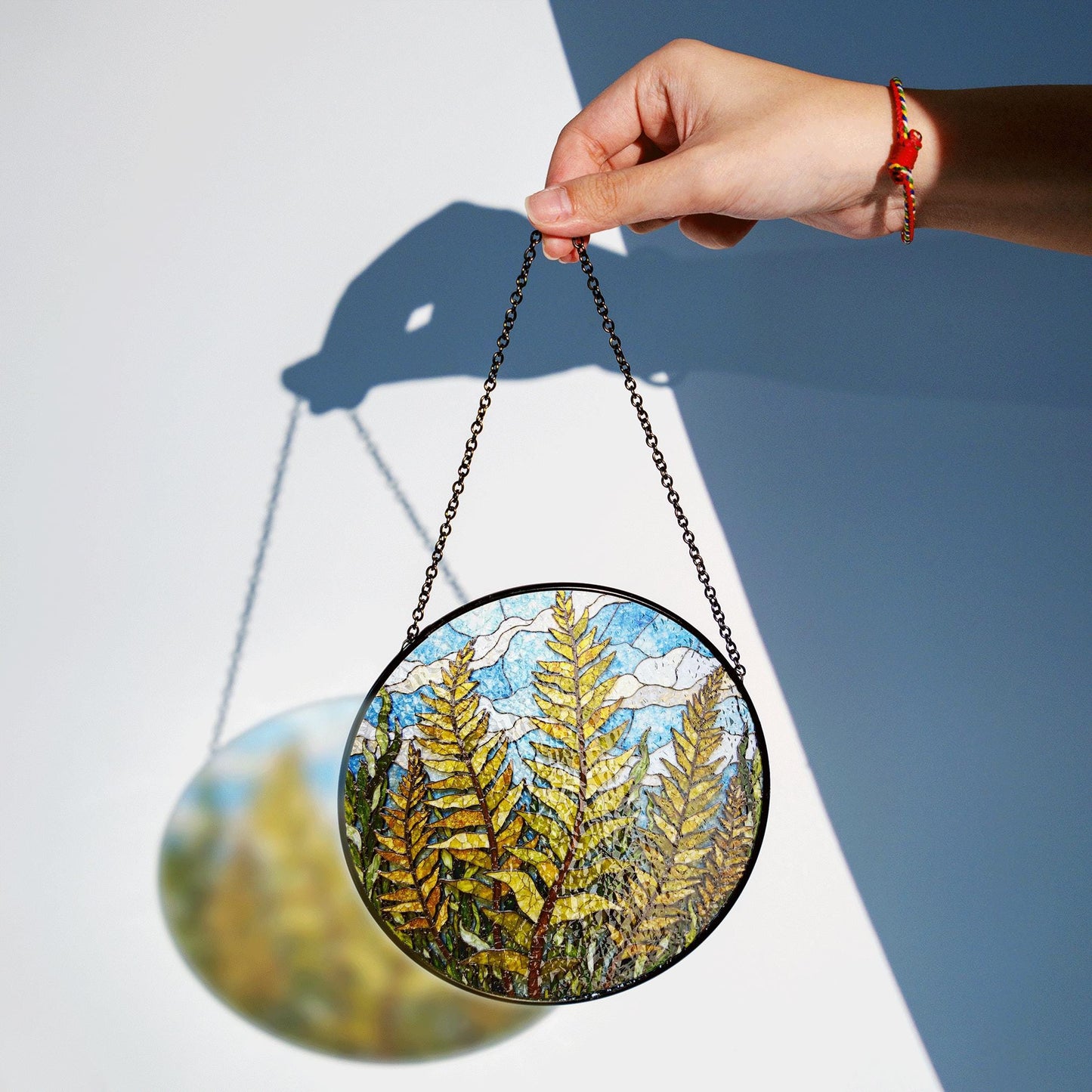 Forest Fern Leaves Stained Glass Suncatcher Round Window Hanging Nature Inspired Gift for Plant Lover