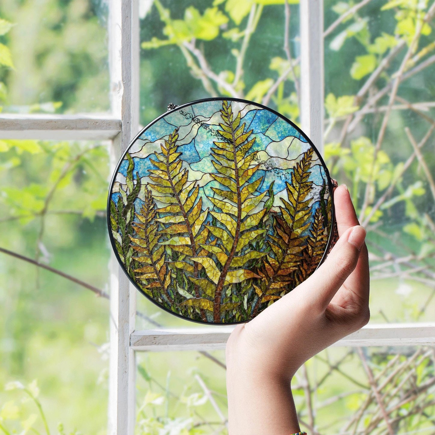 Forest Fern Leaves Stained Glass Suncatcher Round Window Hanging Nature Inspired Gift for Plant Lover