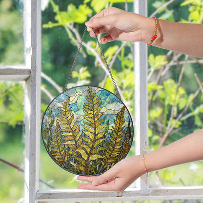 Forest Fern Leaves Stained Glass Suncatcher Round Window Hanging Nature Inspired Gift for Plant Lover