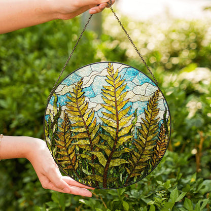 Forest Fern Leaves Stained Glass Suncatcher Round Window Hanging Nature Inspired Gift for Plant Lover