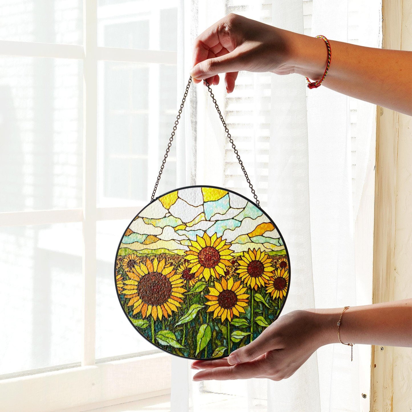 Sunflower Field Glass Art Sun Catcher Stained Glass Window Decor Gift for Mom or Nature Lover