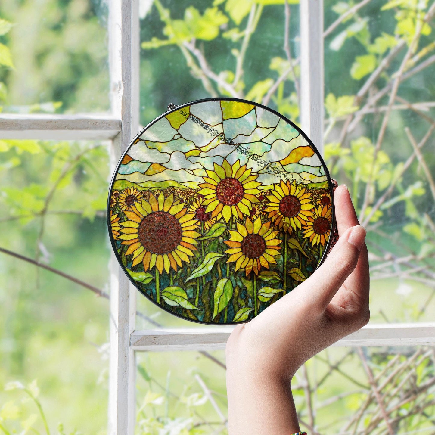 Sunflower Field Glass Art Sun Catcher Stained Glass Window Decor Gift for Mom or Nature Lover