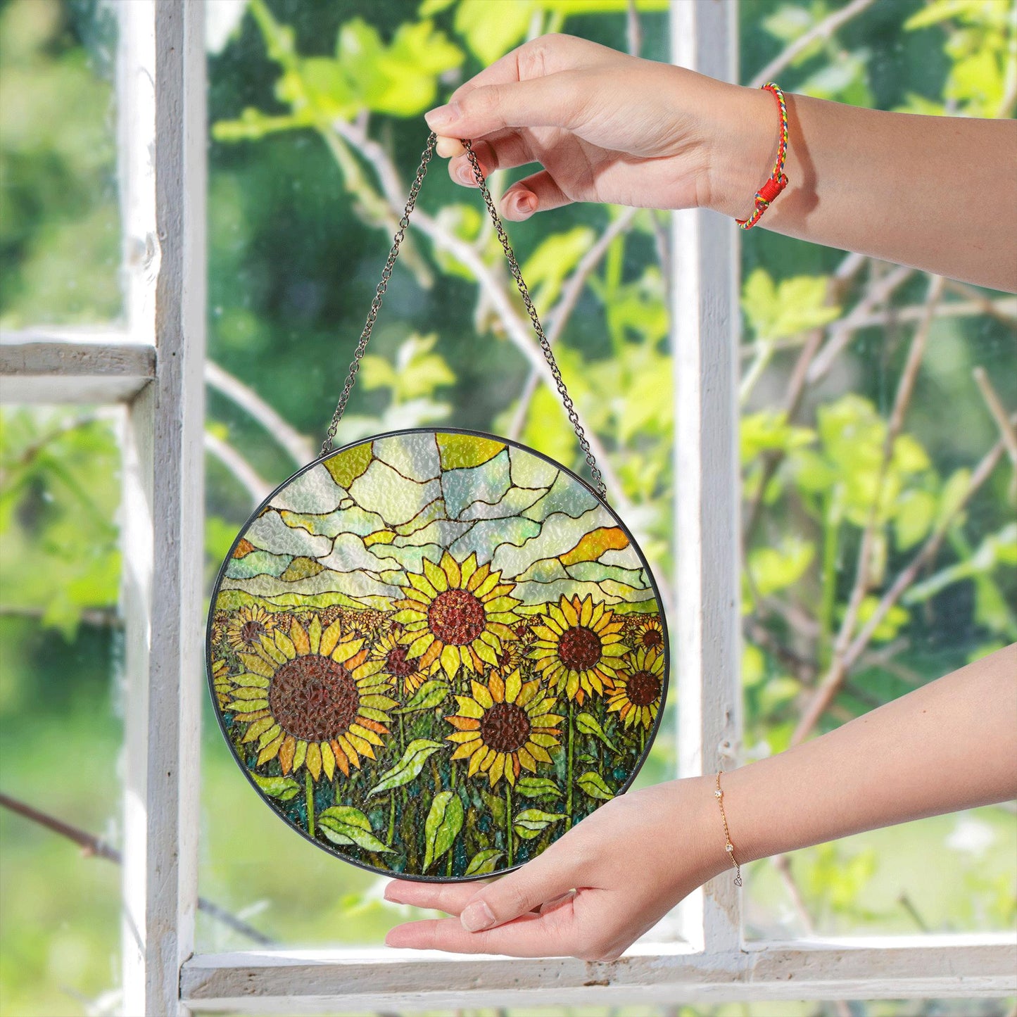 Sunflower Field Glass Art Sun Catcher Stained Glass Window Decor Gift for Mom or Nature Lover