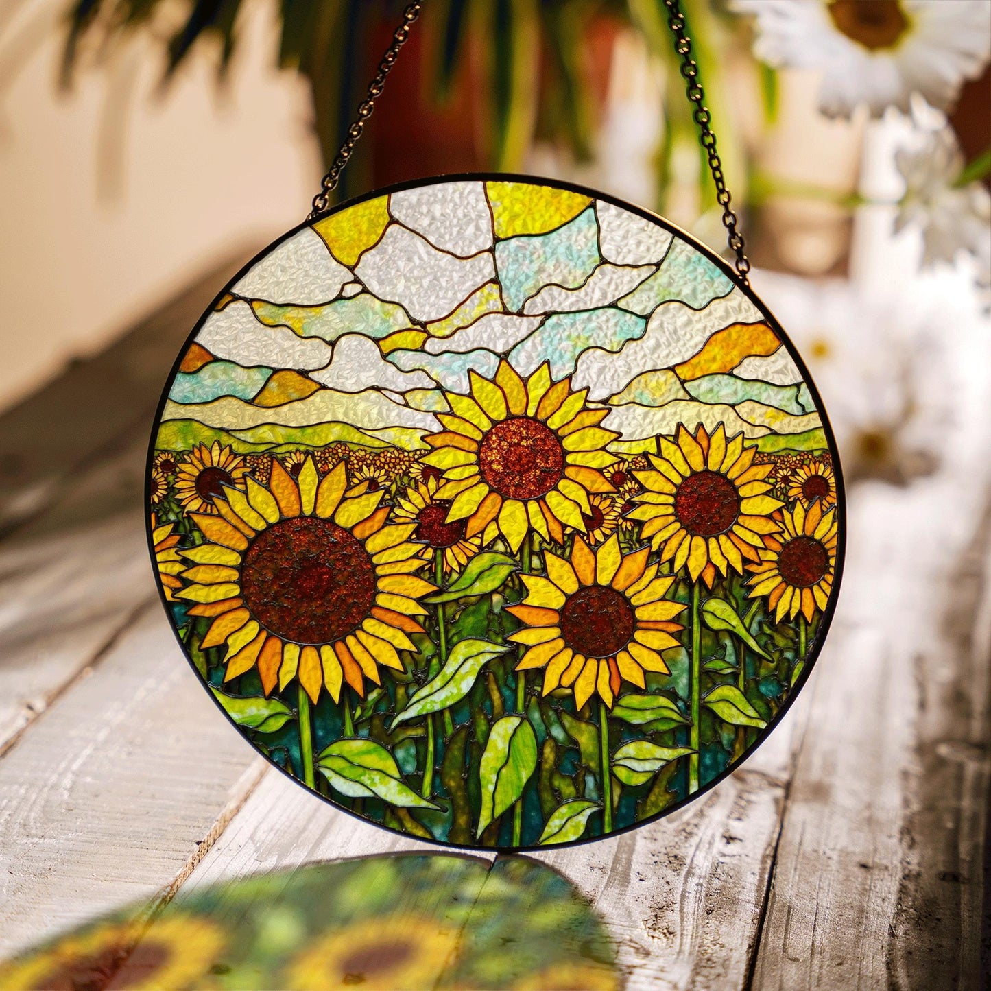 Sunflower Field Glass Art Sun Catcher Stained Glass Window Decor Gift for Mom or Nature Lover