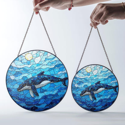 Whale Swimming in Ocean Blue Round Stained Glass Suncatcher Gift for Ocean Lovers